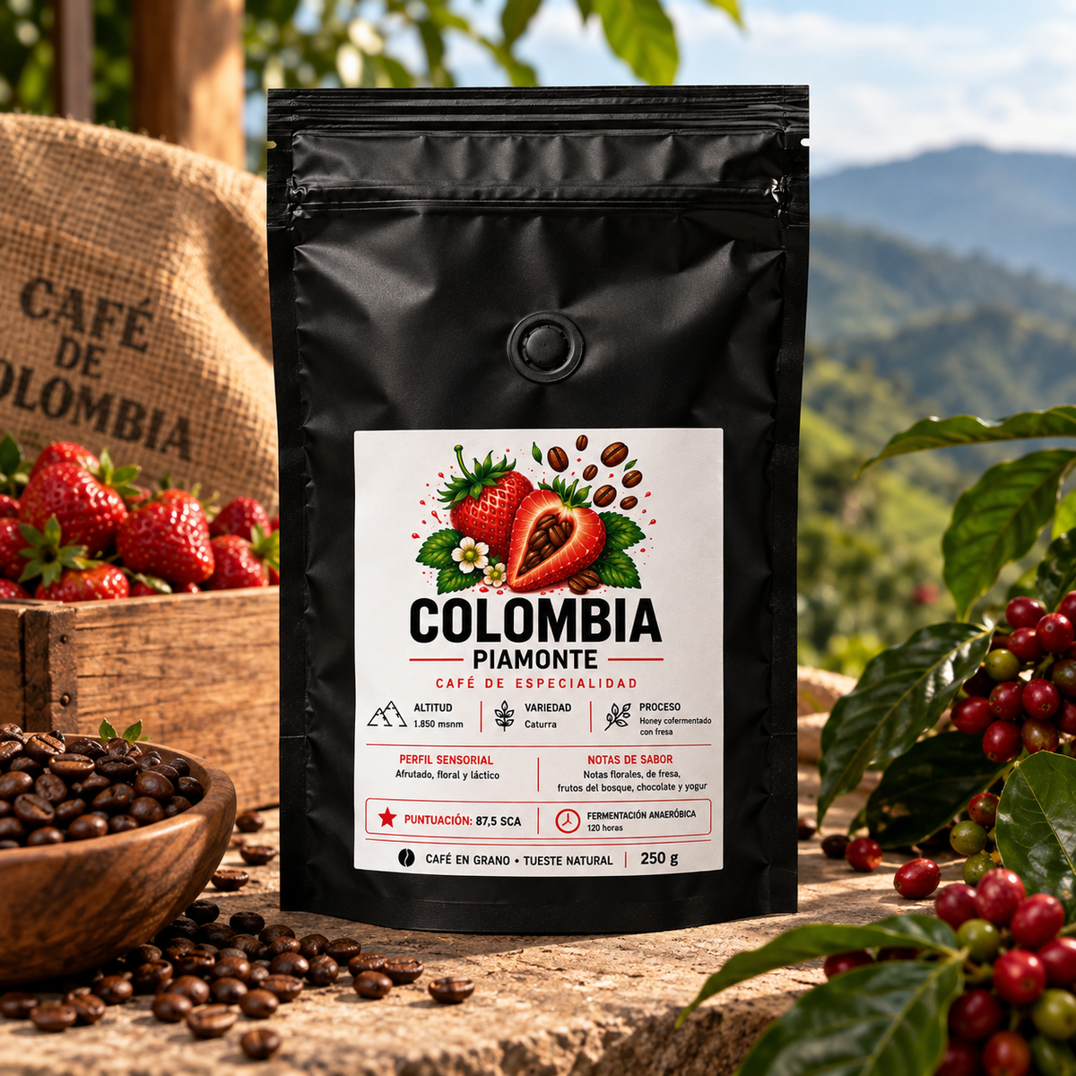 Café fermentado Colombia Piamonte Honey Fresa